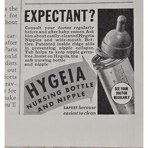 1939 Hygeia Nursing Bottle and Nipple Safe Easy Clean Baby Care print ad